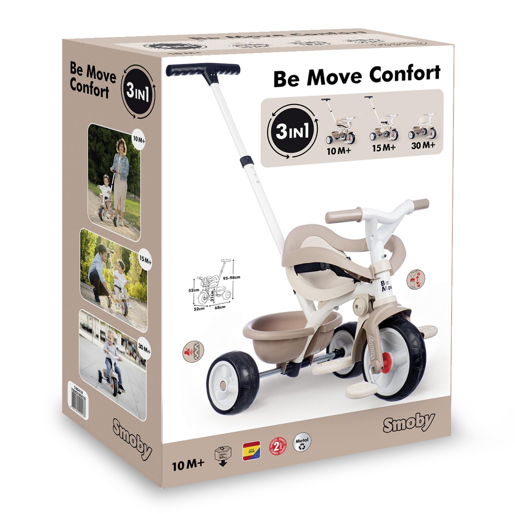 Smoby Be Move Comfort Tricycle Beige 3-in-1, ab 10 Monaten Smoby Be Move Comfort Tricycle Beige 3-in-1 mit ergonomischem Sitz, Sicherheitsgurt, verstellbarer Elternstange bis 97 cm, Free-Wheel, Lenkblockierung, EVA-Räder, ca. 68×52×101 cm, ab 10 Monaten, Transport, Dreirad, Fahrzeug, Person, Gaspumpe