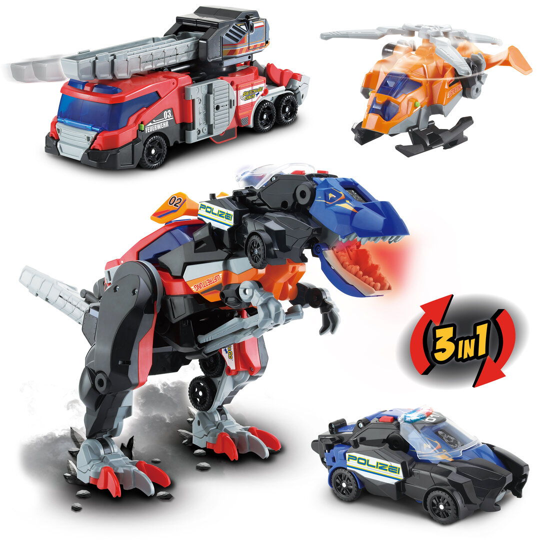 VTech Switch & Go Dinos 3-in-1 Super-T-Rex, ab 3 Jahren VTech Switch & Go Dinos 3-in-1 Super-T-Rex aus Kunststoff ~30 × 53 cm, transformiert zu Dino, Polizei-Auto & Helikopter mit über 30 Sound-Sätzen, LED-Effekten, Lautstärkeregler & kindersicher, 3 8 J., Spielzeug, Maschine, Rad