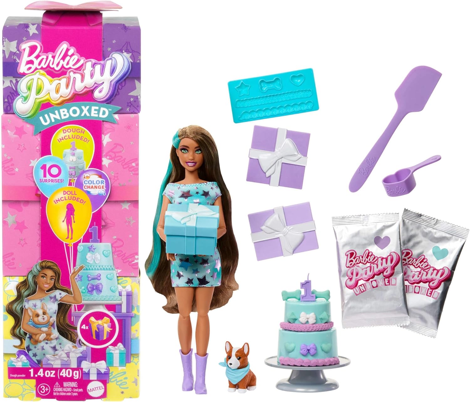Barbie Party Unboxed Haustier Geburtstag Serie – Blaues Kleid & Überraschungen JFG72 – Verpackung, Zubehör und Details sichtbar, Geburtstagstorte, Figur, Puppe, Person, Frau