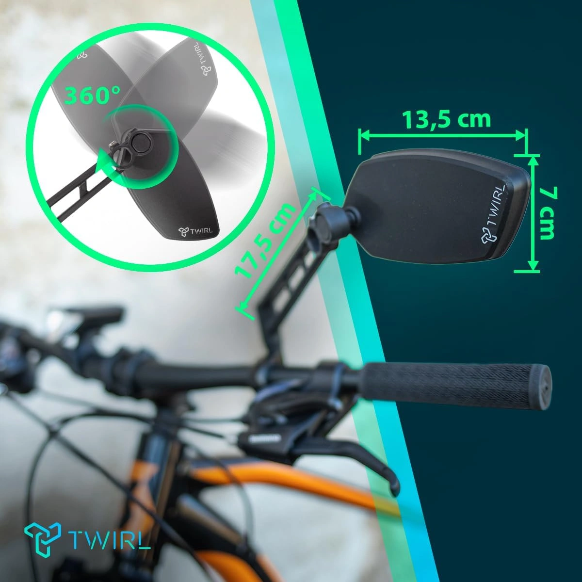 TWIRL 270037 – Fahrradspiegel 3rd Eye BS mit geteiltem Spiegelglas Schwarz