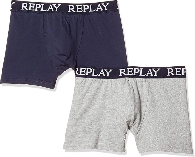 REPLAY Herren Boxershorts I101005GI - Grau/Indigo, 2er Pack mit Logo-Bund GR. L