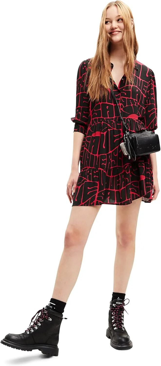 Desigual Damen Kleid - Schwarzes Kleid mit pinkem Schriftzug-Print 22WWVW203001 GR. S Desigual Damen Kleid - Schwarzes Kleid mit pinkem Schriftzug-Print 22WWVW203001 GR. S