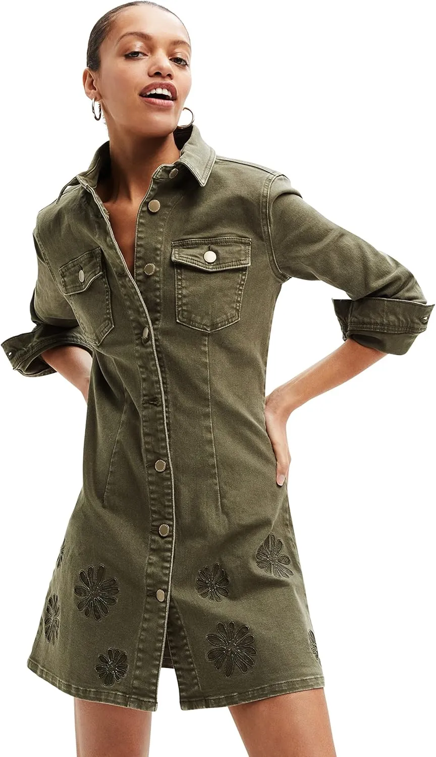 Desigual Damen Kleid - Khakifarbenes Jeanskleid mit Blumenstickerei 22WWVD144086 GR. M Desigual Damen Kleid - Khakifarbenes Jeanskleid mit Blumenstickerei 22WWVD144086 GR. M