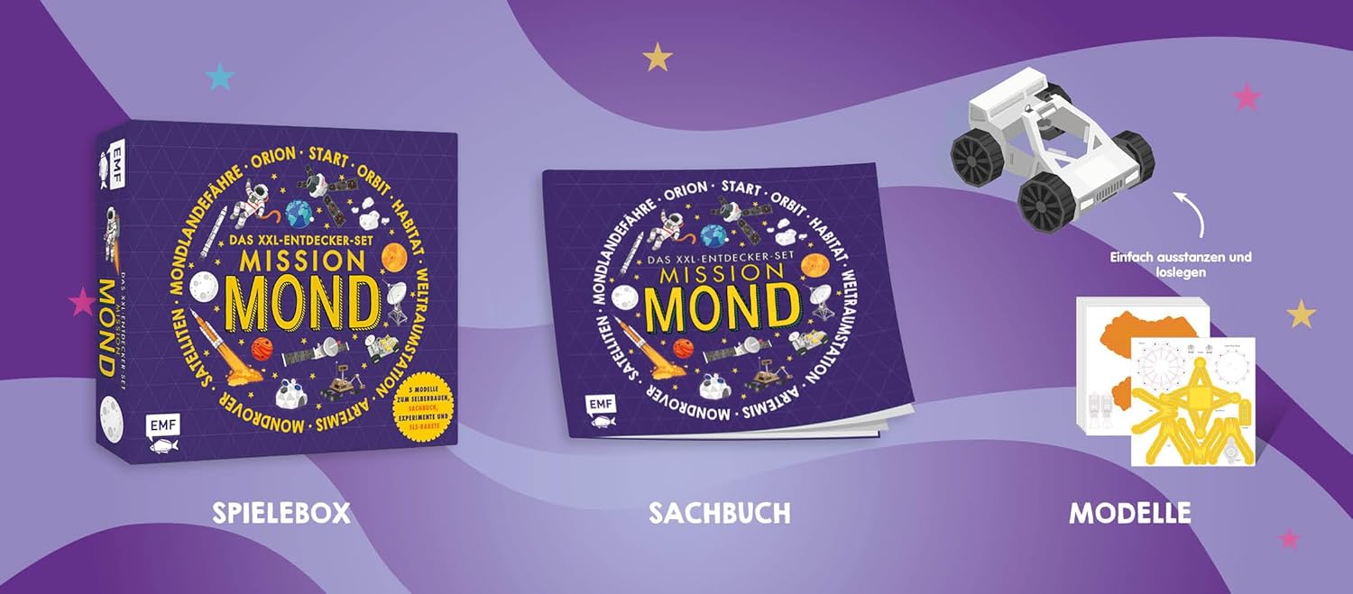 Das XXL-Entdecker-Set Mission Mond: 5 Modelle zum Selberbauen, Sachbuch, Experimente und Rakete Werbung, Plakat, Visitenkarte, Papier, Text
