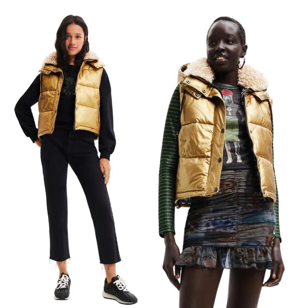 Desigual Damen Weste - Gold, Kurz-Steppweste mit Kunstfellkragen 22WWEW268033 GR. L Desigual Damen Weste - Gold, Kurz-Steppweste mit Kunstfellkragen 22WWEW268033 GR. L