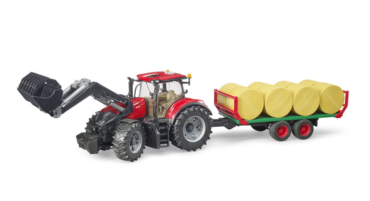 BRUDER 03198 - Case IH Optum 300CVX mit Frontlader und Ballentransportanhänger Maschine, Rad