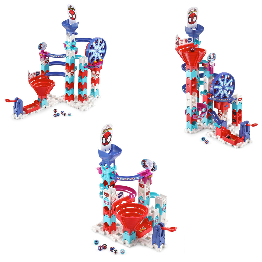 VTech Marble Rush Spidey Super Spin Challenge SP300 E interaktive Kugelbahn ab 4 Jahren VTech Marble Rush Spidey Super Spin Challenge SP300 E 62 Teile mit motorisiertem Riesenrad, 6 Spidey-MarBalls, einstellbarer Launcher, versteckter Spidey-Effekt, fördert Kreativität & räumliches Denken, ab 4 J., Spielzeug