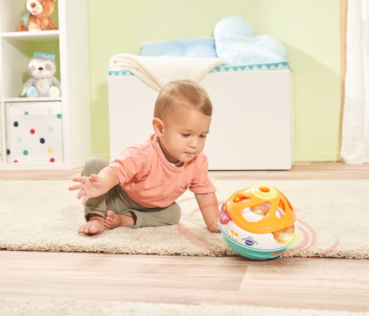 VTech 3-in-1 Magischer Musikball interaktives Lernspielzeug für 9-36 Monate VTech 3-in-1 Magischer Musikball Spielball, Roll-Saunduhr und Trommel in einem; rollt selbst, LED-Tasten mit Sätzen, 4 Lieder & 12 Melodien, fördert Bewegung, Zahlen & Farben, ab 9-36 Monaten,