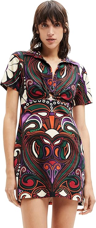 Desigual Damen Kleid - Buntes Kleid mit Retro-Muster und Knotendetail 22WWVW192000 GR. XL Bluse, Kleidung, Kleid, Strandkleidung, Ärmel