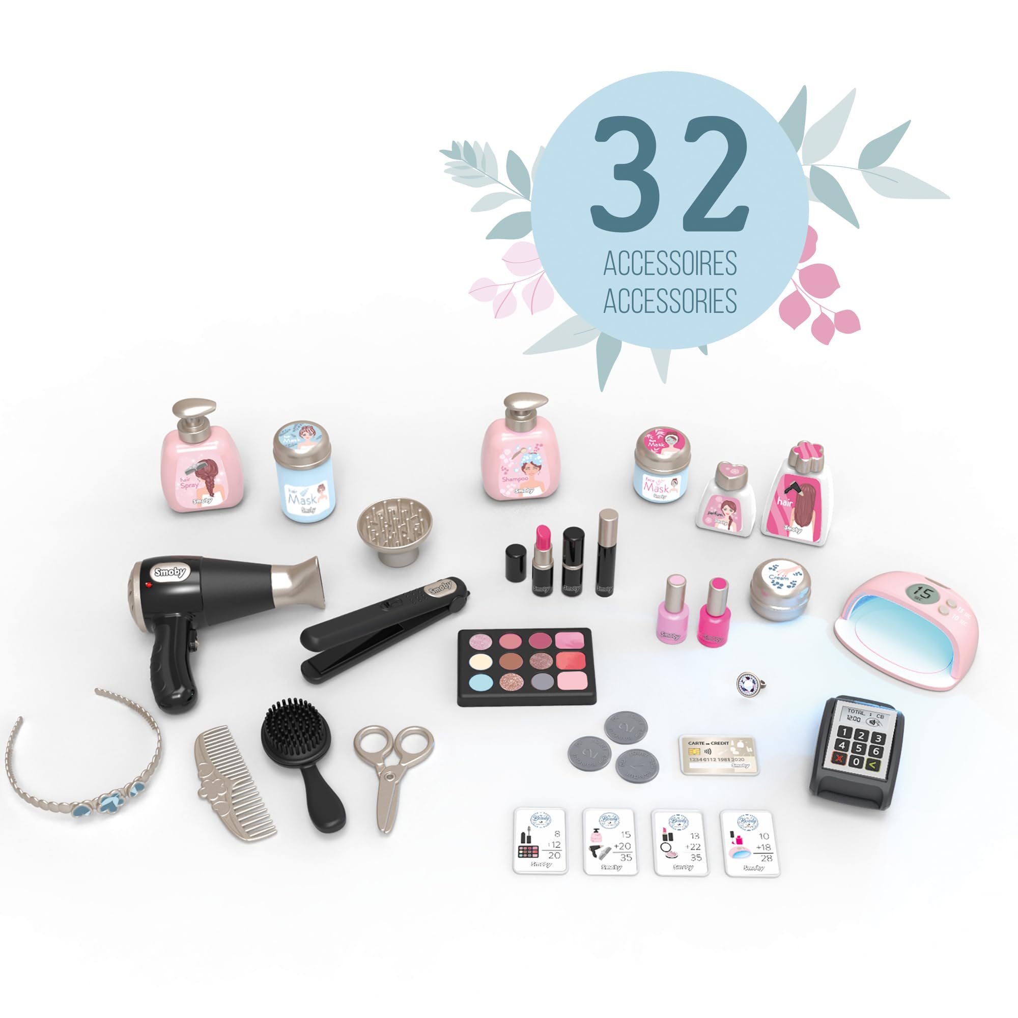Smoby My Beauty Center Spielset: Friseur-, Make-up- und Verkaufsstation mit 32 Zubehörteilen Fen, UV-Lampe, Kosmetik, Kasse, ab 3 Jahren, Gerät, Fön, Elektrisches Gerät, Band