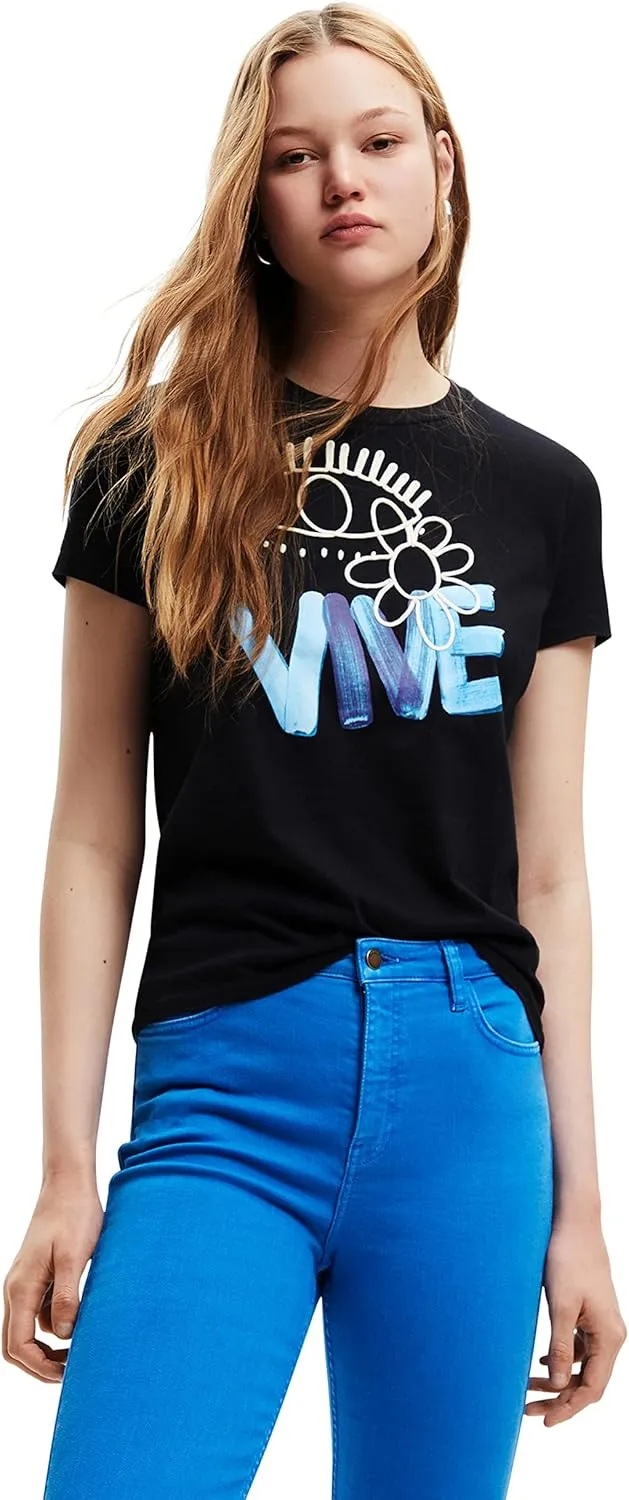 Desigual Damen T-Shirt - Schwarzes T-Shirt mit „VIVE“ Print 22WWTK172000 GR. XL Desigual Damen T-Shirt - Schwarzes T-Shirt mit „VIVE“ Print 22WWTK172000 GR. XL