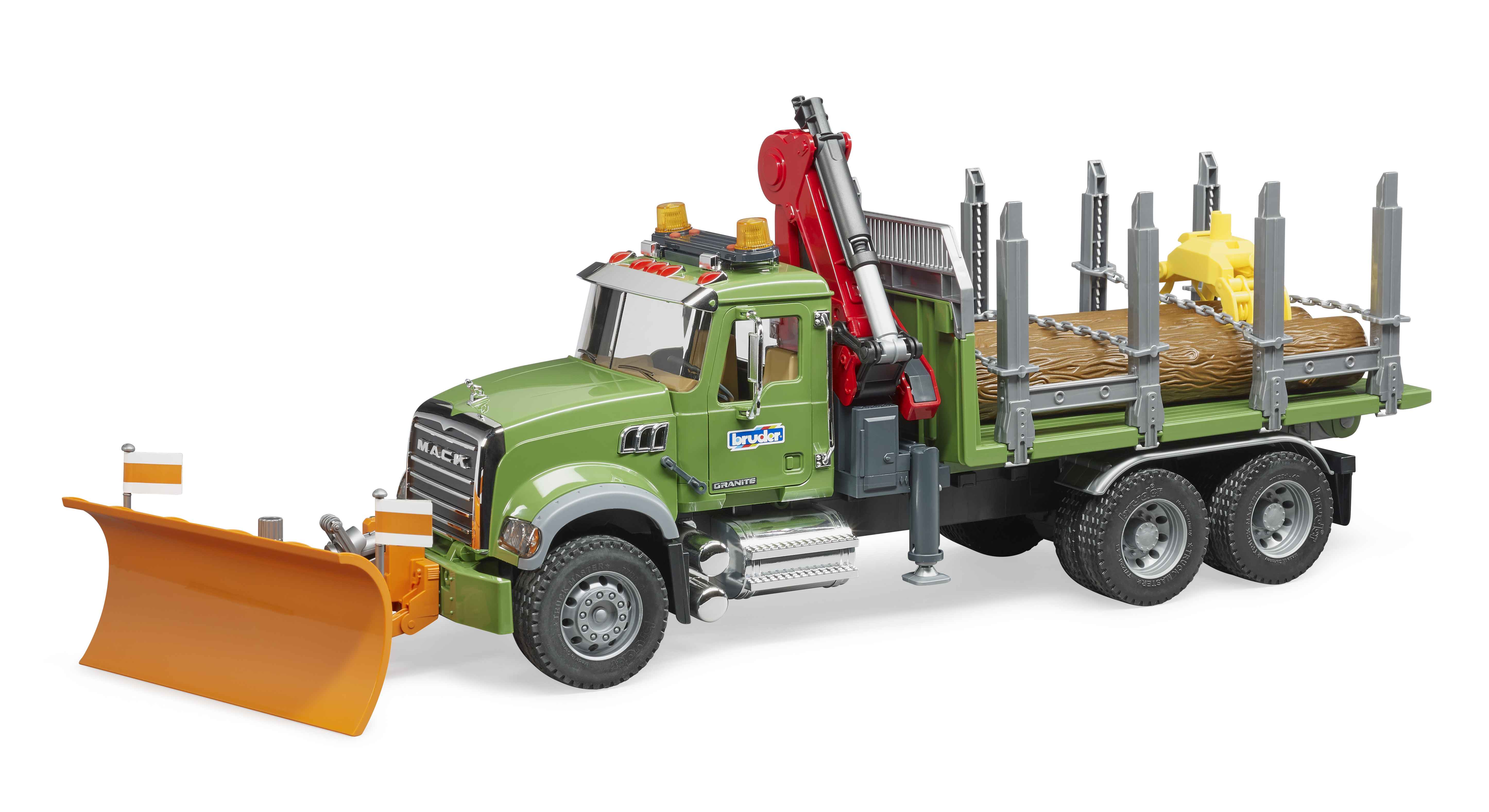 BRUDER 02824 - MACK Granite Holztransport-LKW mit Ladekran, Greifer und 3 Baumstämmen - Bild 6