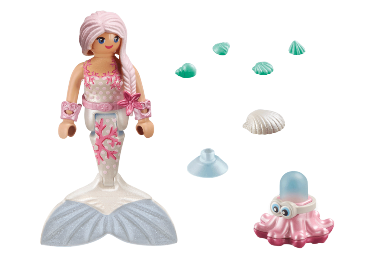 PLAYMOBIL 71477 Meerjungfrau mit Spritzkrake Figur, Puppe, Spielzeug, Pilz, Gesicht