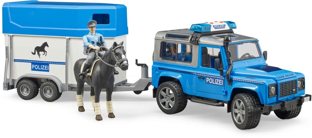 Bruder 02588 Land Rover Defender Polizeifahrzeug, Pferdeanhänger, Pferd und Polizist Person, Pferd, Säugetier, Maschine, Rad