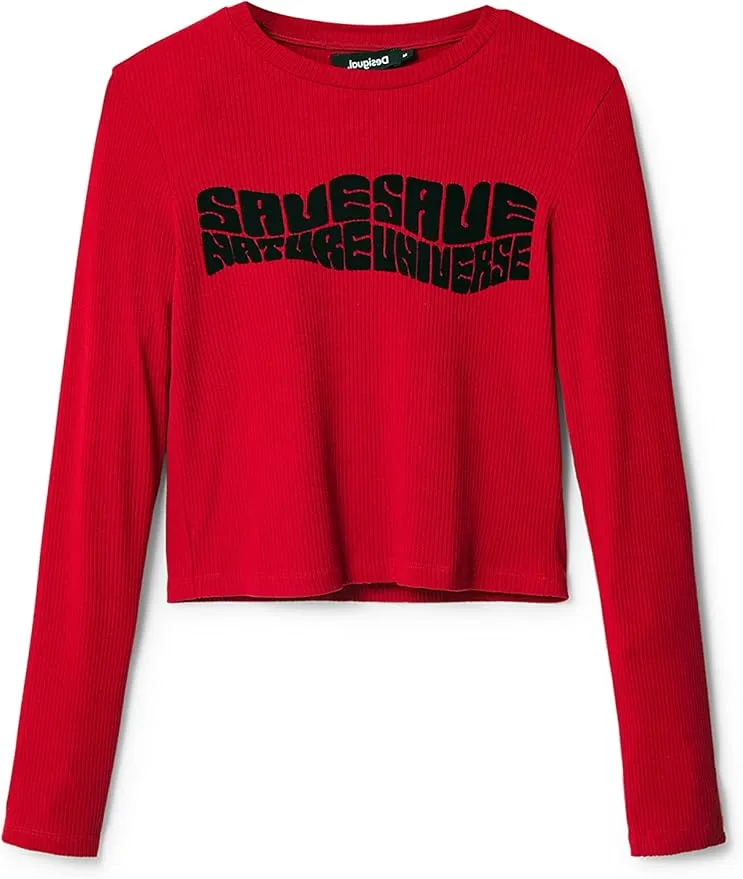 Desigual Damen Langarmshirt - Rotes Rippshirt mit Statement-Print 22WWTK933014 GR. XL Desigual Damen Langarmshirt - Rotes Rippshirt mit Statement-Print 22WWTK933014 GR. XL