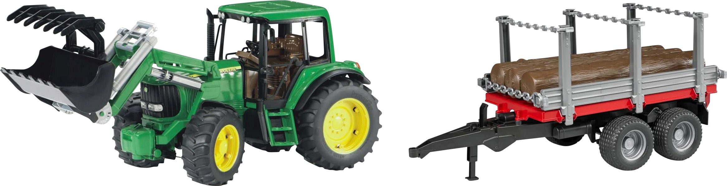 J.D. 6920 Traktor mit Frontl. + Holztransportanhänger Draußen, Draußen, Draußen