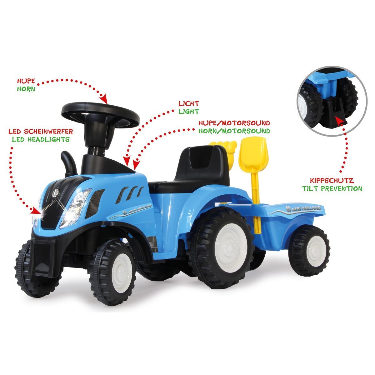 JAMARA Rutscher New Holland T7 Traktor mit Anhänger blau 2in1 ab 12 Monaten