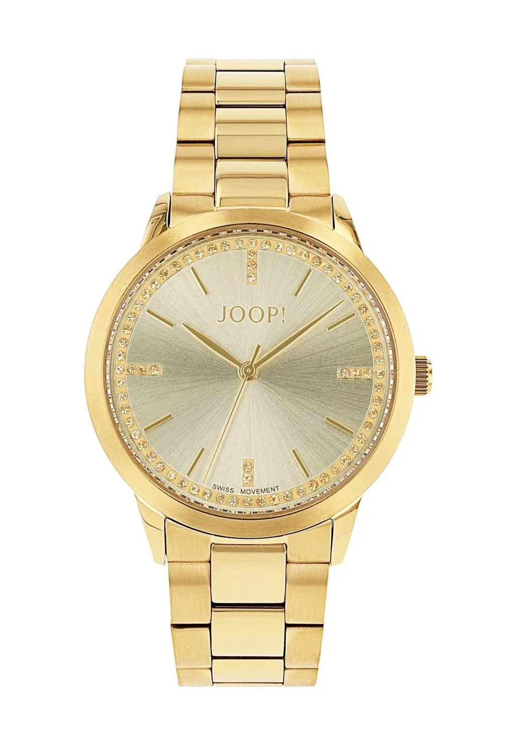 JOOP! Uhr - aus goldfarbenem Edelstahl, Zifferblatt mit Zirkonia-Besatz, Gliederarmband mit Kippfaltverschluss, Ronda Swiss Made Uhrwerk, wasserdicht bis 5 bar, Damen JOOP! Uhr - aus goldfarbenem Edelstahl, Zifferblatt mit Zirkonia-Besatz, Gliederarmband mit Kippfaltverschluss, Ronda Swiss Made Uhrwerk, wasserdicht bis 5 bar, Damen