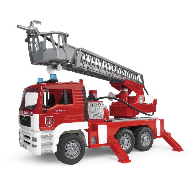 BRUDER 02771 - MAN TGA Feuerwehr mit Drehleiter, Wasserpumpe und Light And Sound Moduletruckss) Inkl. Batterie Maschine, Rad, Transport, Lastwagen, Fahrzeug