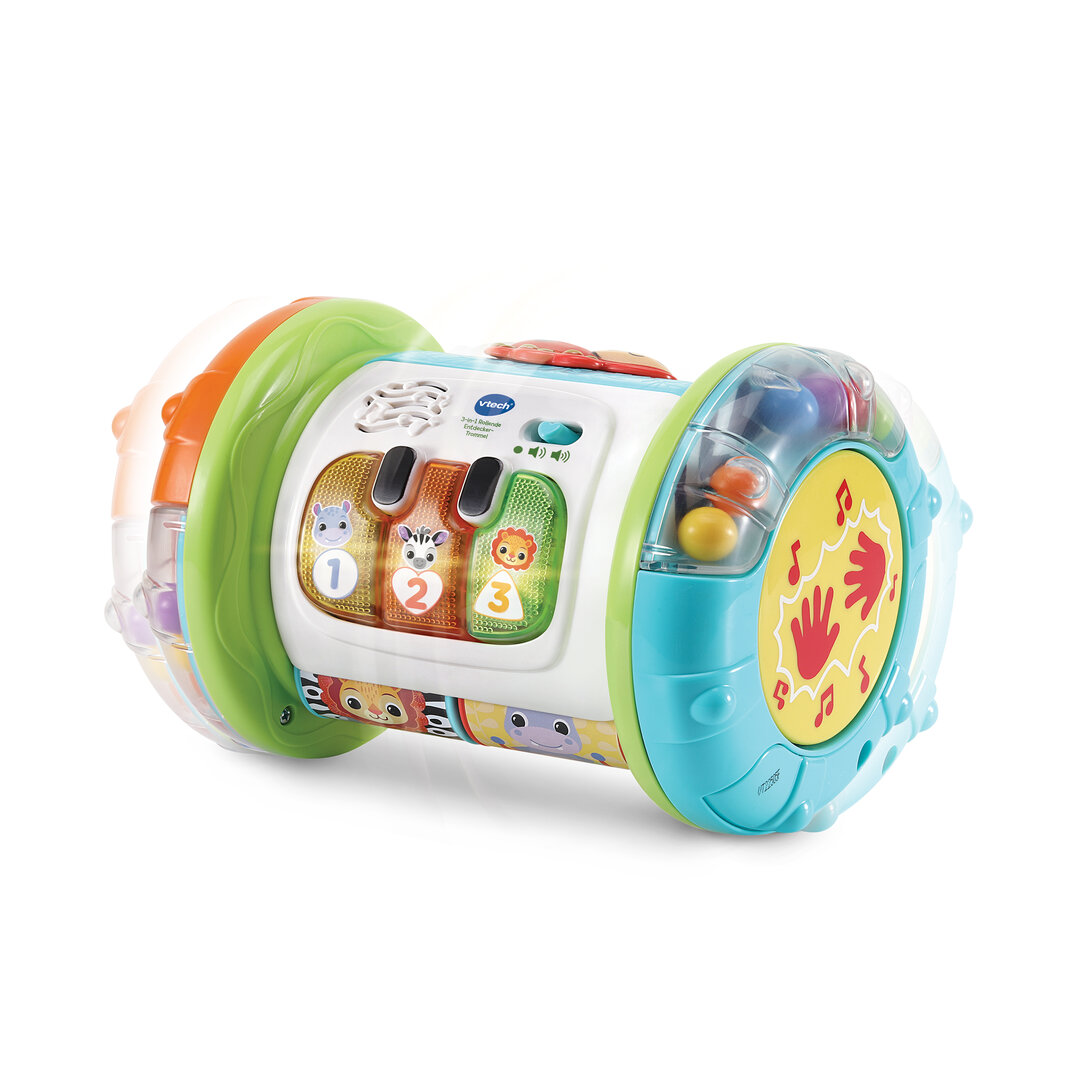 VTech 3-in-1 Rollende Entdecker-Trommel musikalischer Motorik-Spaß ab 9 Monaten VTech 3-in-1 Rollende Entdecker-Trommel in buntem Kunststoff 13,8×18,8 cm, Rollen, Trommeln, 5 Entdeckerseiten mit Leucht-Klavier, Musik 7 Lieder, 18 Melodien, Bewegungssensor, kindersicher, ab 9 Monaten, Spielzeug