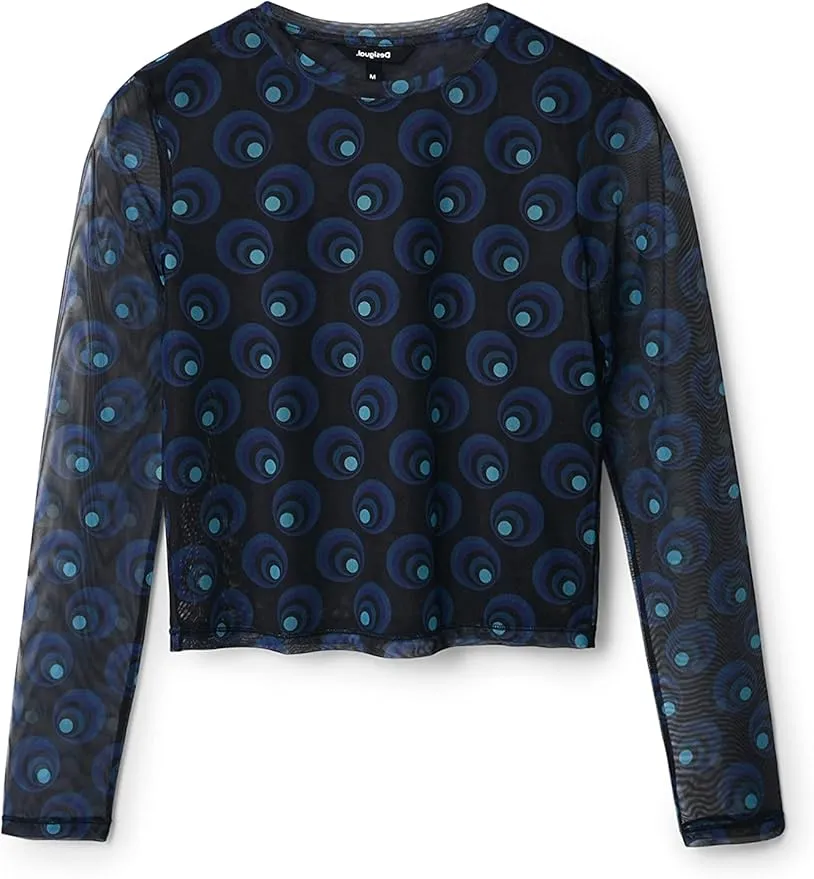 Desigual Damen Langarmshirt - Schwarzes Mesh-Shirt mit blauem Kreisprint 22WWTK815000 GR. XS Desigual Damen Langarmshirt - Schwarzes Mesh-Shirt mit blauem Kreisprint 22WWTK815000 GR. XS