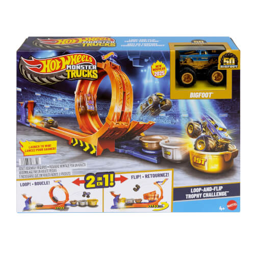 Hot Wheels Monster Trucks Loop & Flip Trophy Challenge-Spielset und Die-Cast-Bigfoot Spielzeugtruck Maschine, Sprach, Rad, Klebeband