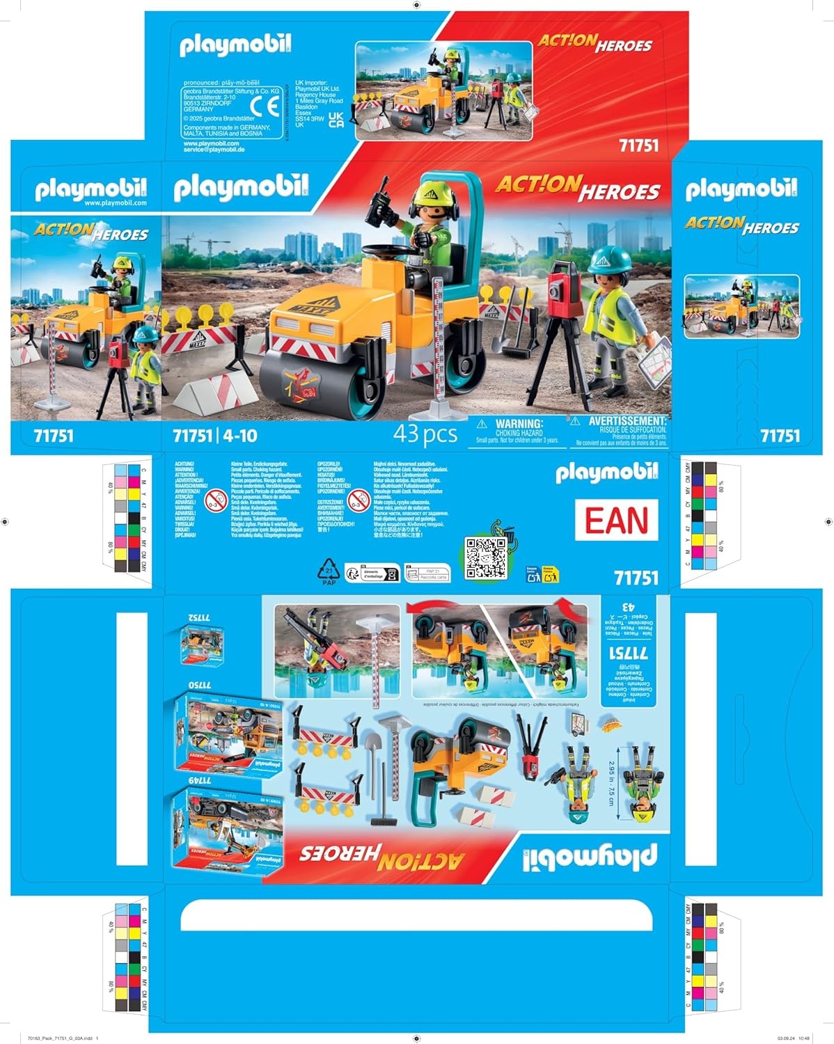 PLAYMOBIL 71751 - Action Heroes: Straßenbaustelle mit Walze, Absperrung & Bauarbeitern Werbung, Plakat, Person