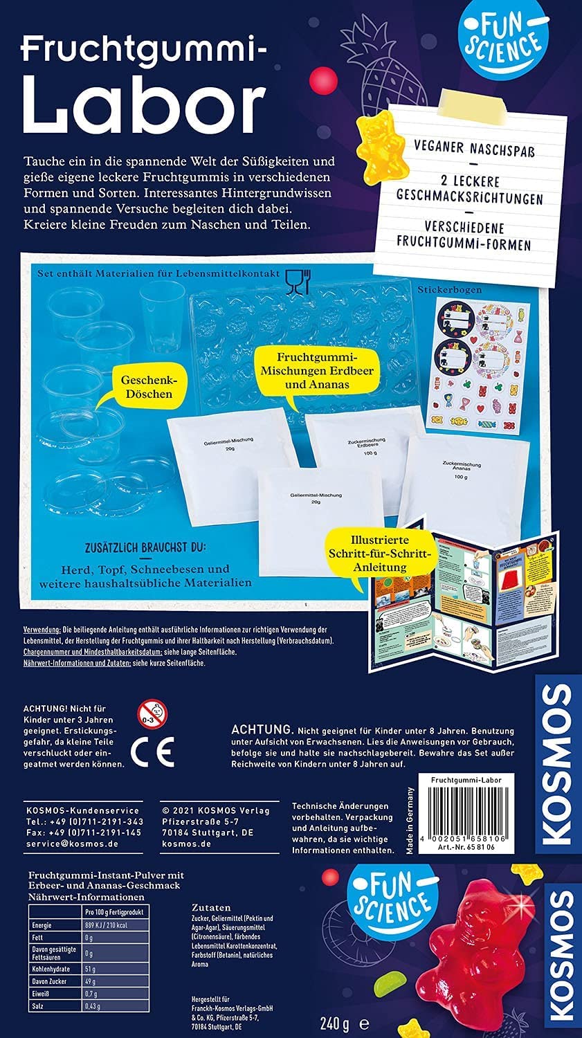 Kosmos Fun Science Fruchtgummi-Labor - Vegane Gummibärchen Selbst Herstellen Und Dabei Chemie Entdecken 658106 Werbung, Plakat, Visitenkarte, Papier, Text