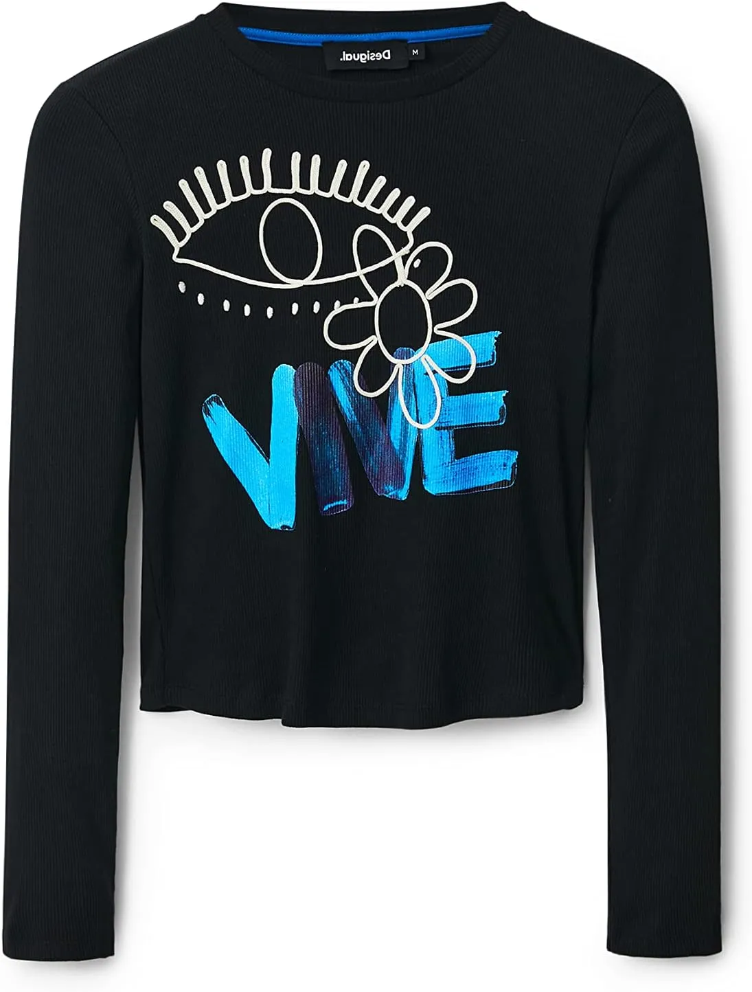 Desigual Damen Langarmshirt - Schwarzes Shirt mit blauem VIVE-Print 22WWTKA52000 GR. M Desigual Damen Langarmshirt - Schwarzes Shirt mit blauem VIVE-Print 22WWTKA52000 GR. M