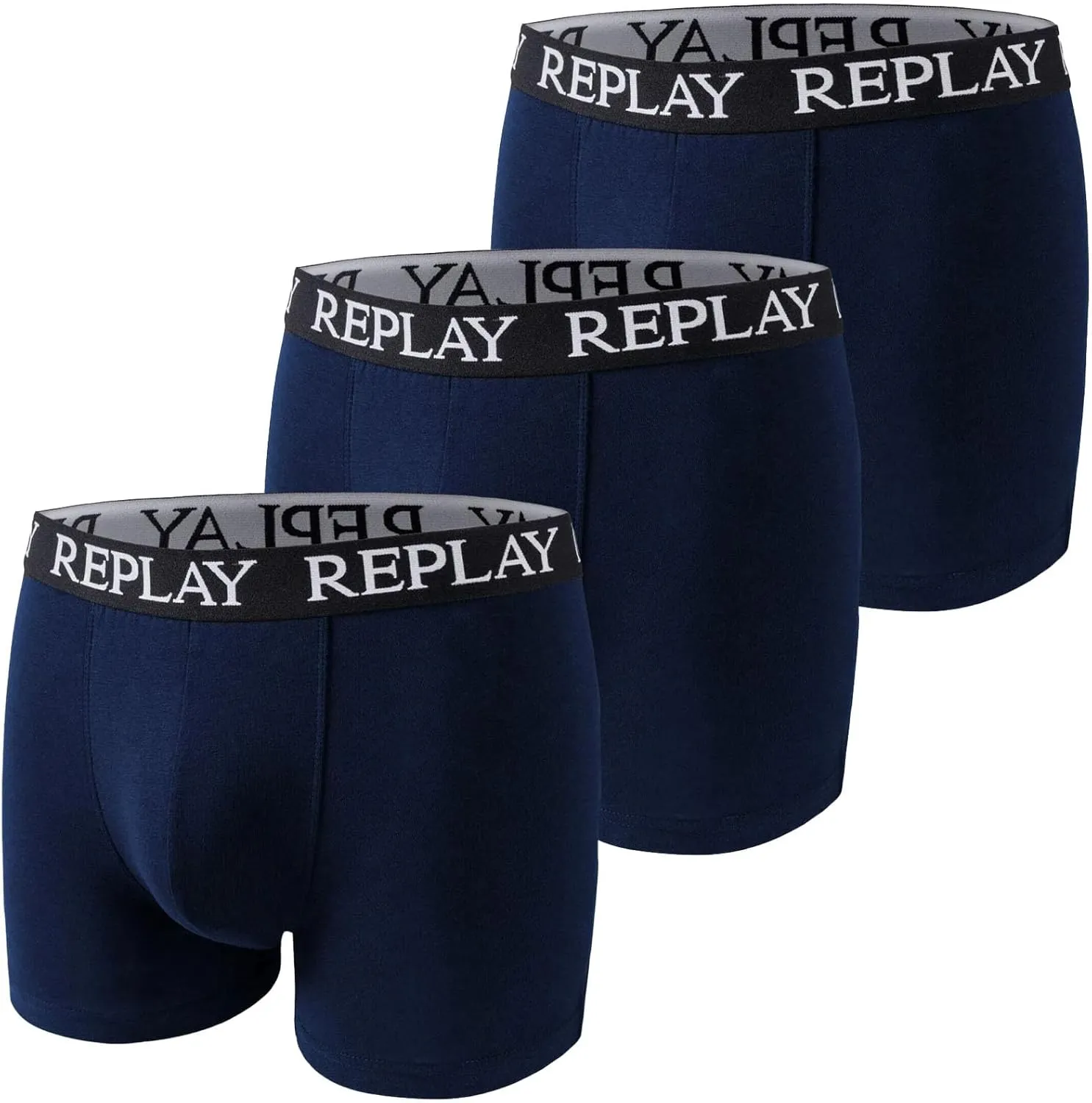 REPLAY Herren Boxershorts I101102BL - Marineblau, 3er Pack mit Logo-Bund GR. L