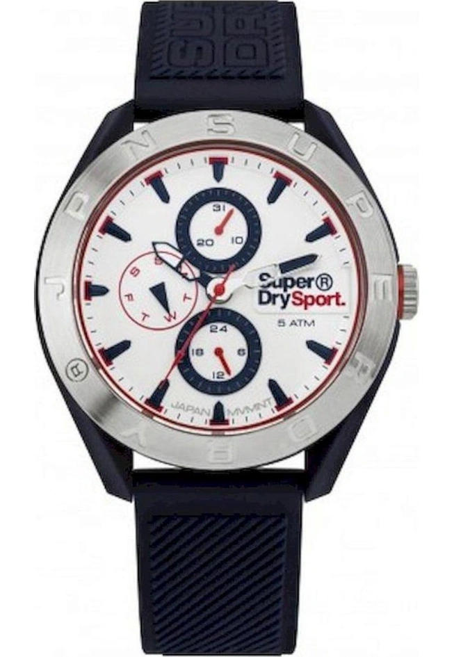 Superdry SYG244U - Herren-Analoguhr, 43 mm, Silikon Blau, silbernes Gehäuse