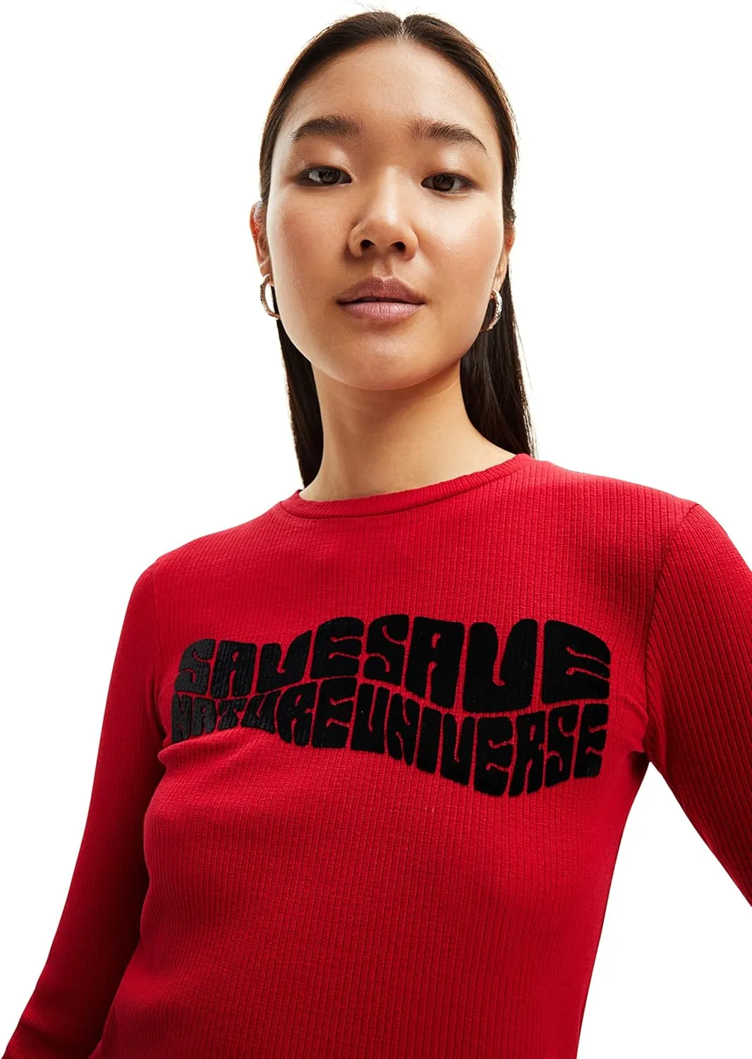 Desigual Damen Langarmshirt - Rotes Rippshirt mit Statement-Print 22WWTK933014 GR. XL Desigual Damen Langarmshirt - Rotes Rippshirt mit Statement-Print 22WWTK933014 GR. XL