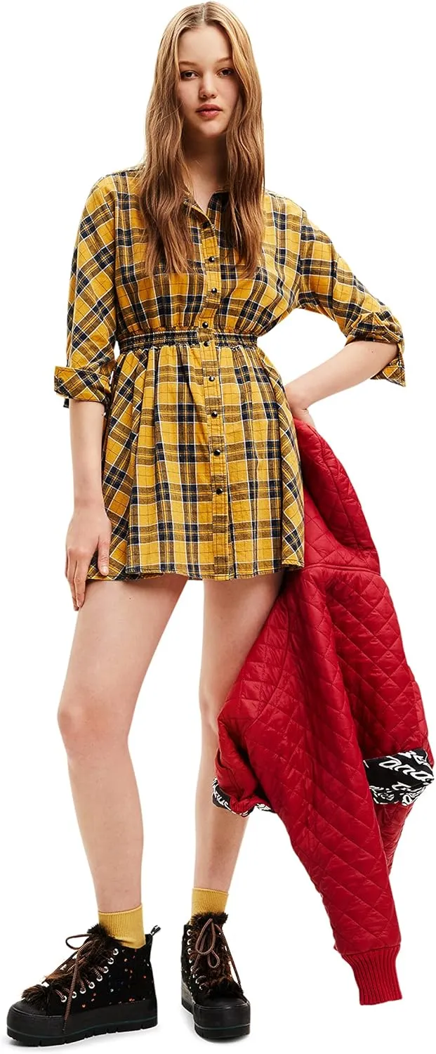 Desigual Damen Kleid - Gelbes Hemdkleid mit Karomuster 22WWVW698000 GR. S