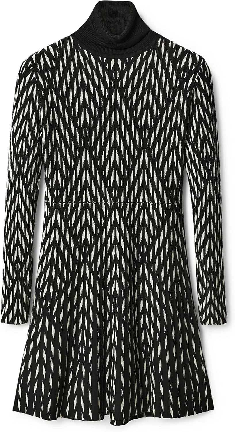 Desigual Damen Kleid - Schwarz-weißes Strickkleid mit Rollkragen 22WWVF072000 GR. S