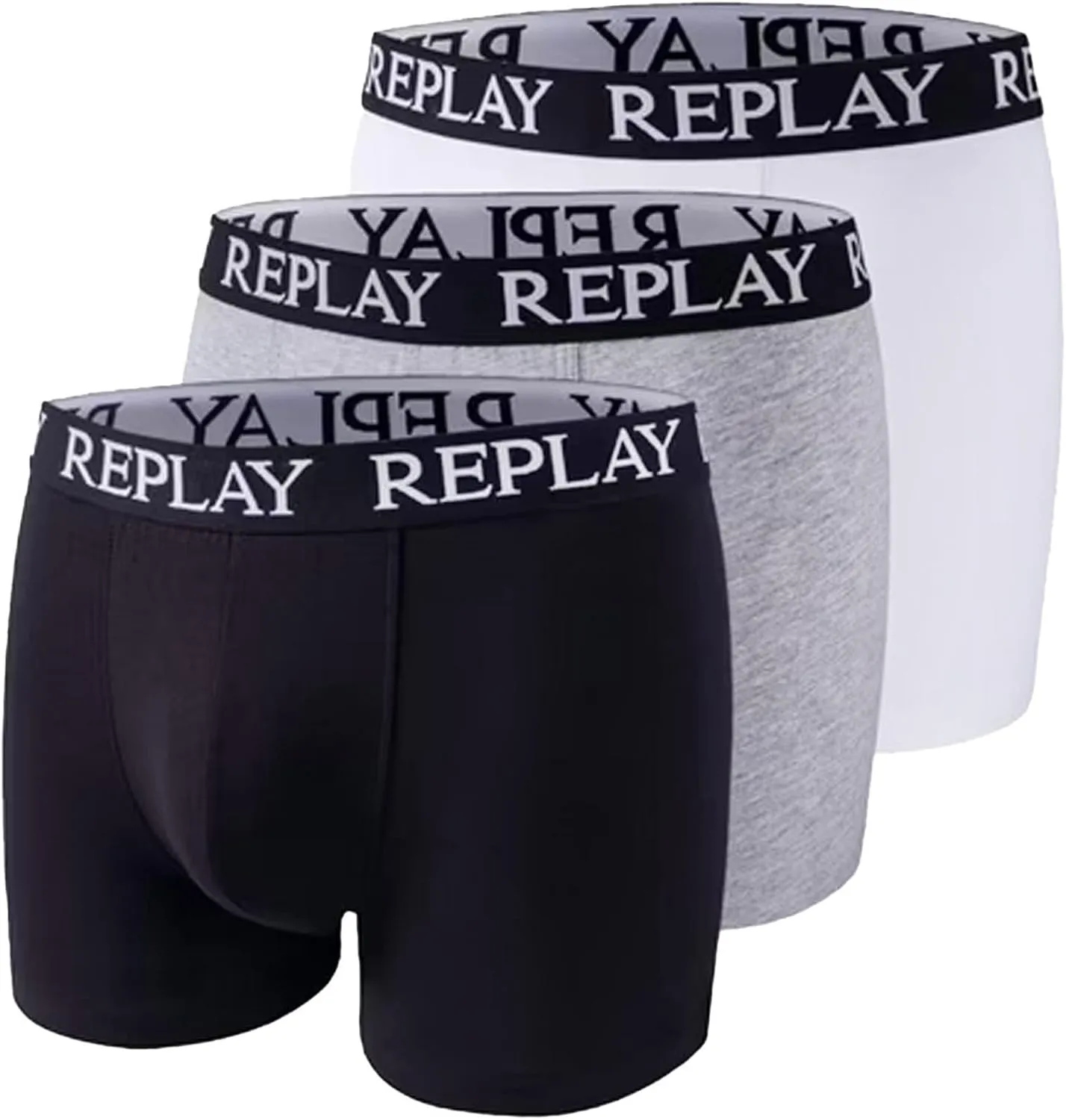 REPLAY Herren Boxershorts I101102BGW – Schwarz/Grau/Weiß, 3er Pack Cotton-Stretch REPLAY Herren Boxershorts I101102BGW – Schwarz/Grau/Weiß, 3er Pack Cotton-Stretch