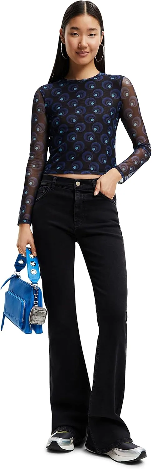 Desigual Damen Langarmshirt - Schwarzes Mesh-Shirt mit blauem Kreisprint 22WWTK815000 GR. XS Desigual Damen Langarmshirt - Schwarzes Mesh-Shirt mit blauem Kreisprint 22WWTK815000 GR. XS