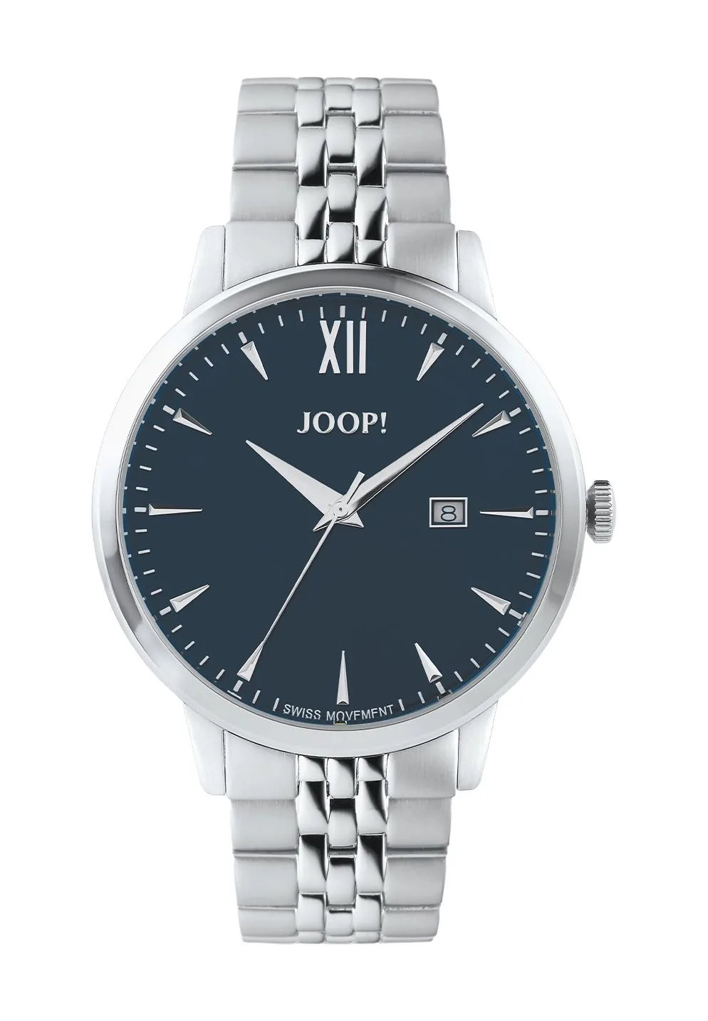 JOOP! Uhr aus silberfarbenem Edelstahl, blaues Zifferblatt, JOOP! Uhr aus silberfarbenem Edelstahl, blaues Zifferblatt, Datumsanzeige, Ronda Swiss Made Uhrwerk, wasserdicht bis 10 bar,