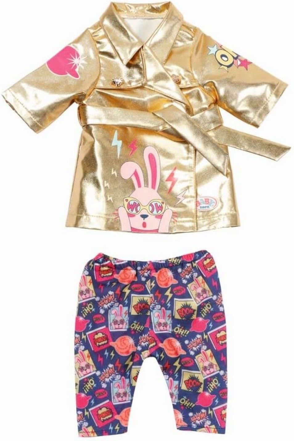 BABY born® Happy Birthday Mantel – Goldener Puppenmantel mit bunter Hose