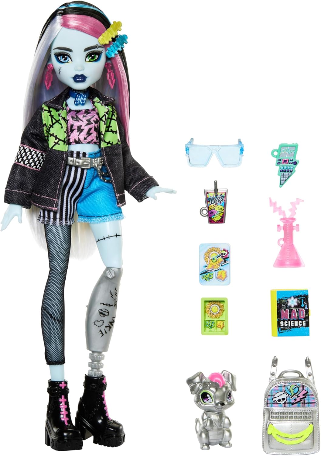 Monster High Frankie Stein Puppe mit Hund Watzie HXH73 Puppe, Spielzeug, Mantel, Gesicht, Figur