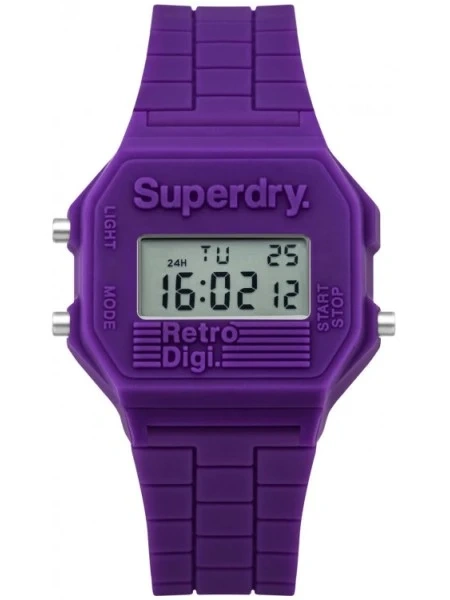 Superdry SYL201V - Unisex-Digitaluhr, 37 mm, Lila, Gummiarmband