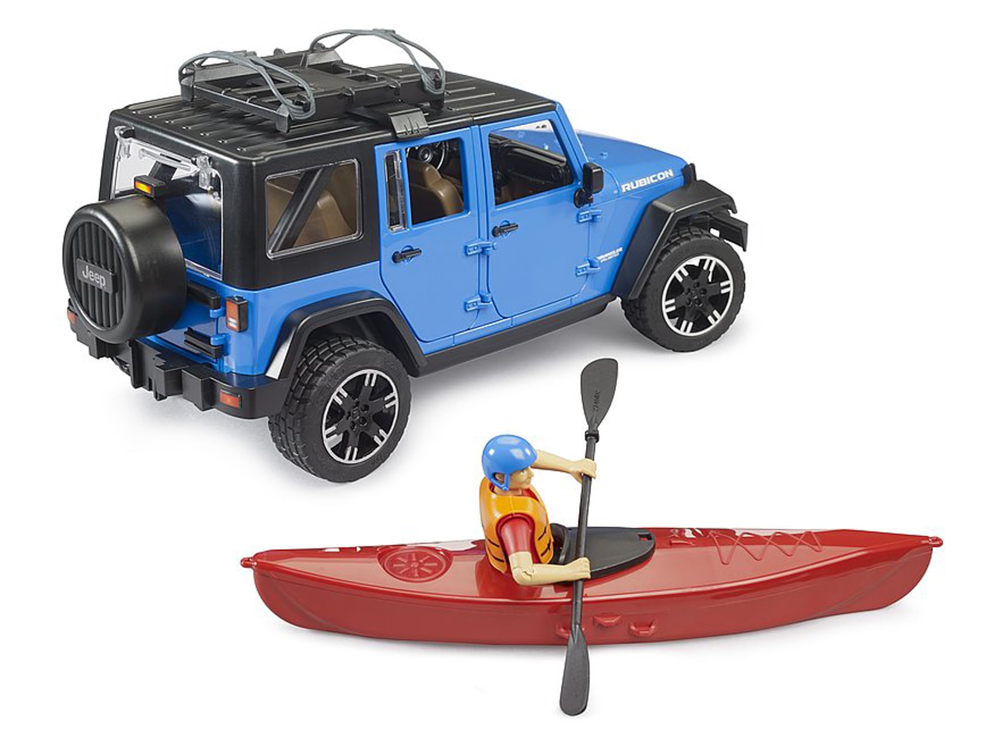 BRUDER 02529 - Jeep Wrangler Rubicon Unlimited mit Kajak und Figur Schutzhelm, Rad, Auto, Person, Weste