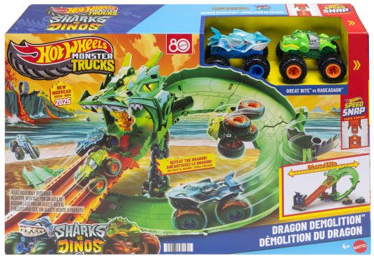 Hot, Wheels, Monster, Trucks, Sharks, vs., Dinos, Drachenzerstörungs-Spielset, und, 2, Spielzeugtrucks