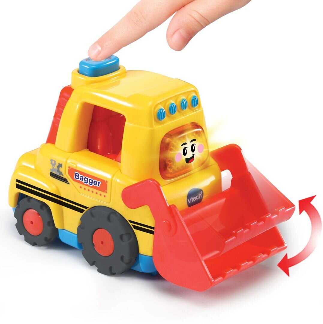 VTech Tut Tut Baby Flitzer Bagger, interaktives Spielzeug, ab 12 Monaten VTech Tut Tut Baby Flitzer Bagger gelb/rot, spricht fröhliche Sätze, leuchtende Taste, 3 Lieder & 6 Melodien, reagiert auf Radbewegung und magische Sensoren, kindersicher, ab 12 Monaten,