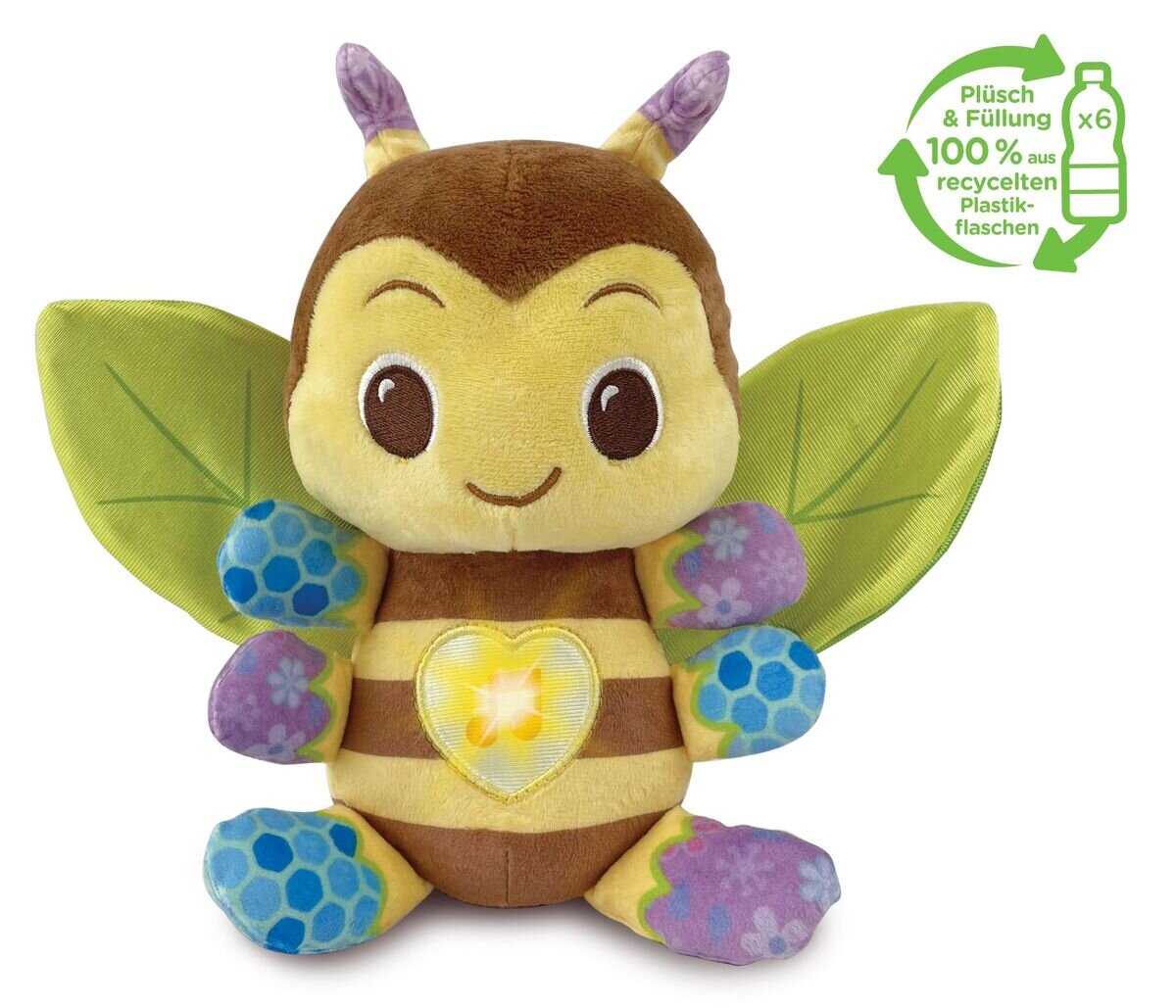 VTech Musik-Kuschelbiene interaktiver Plüschfreund ab 3 Monaten VTech Musik-Kuschelbiene aus recyceltem Plüsch 6 Plastikflaschen, leuchtende Herz-Taste, 2 Lieder & 30 Melodien, knisternde Flügel, waschbar, kindersicher ab 3 Monaten,