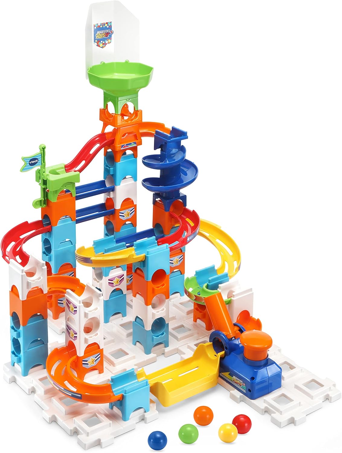 VTech Marble Rush Rocket Set M100 E, interaktive Kugelbahn ab 4 Jahren VTech Marble Rush Rocket Set M100 E aus Kunststoff mit 78 Teilen, inklusive 10 MarBalls, Licht- & Soundmodul, Rakete, Launcher, kompatibel, ab 4 J.,