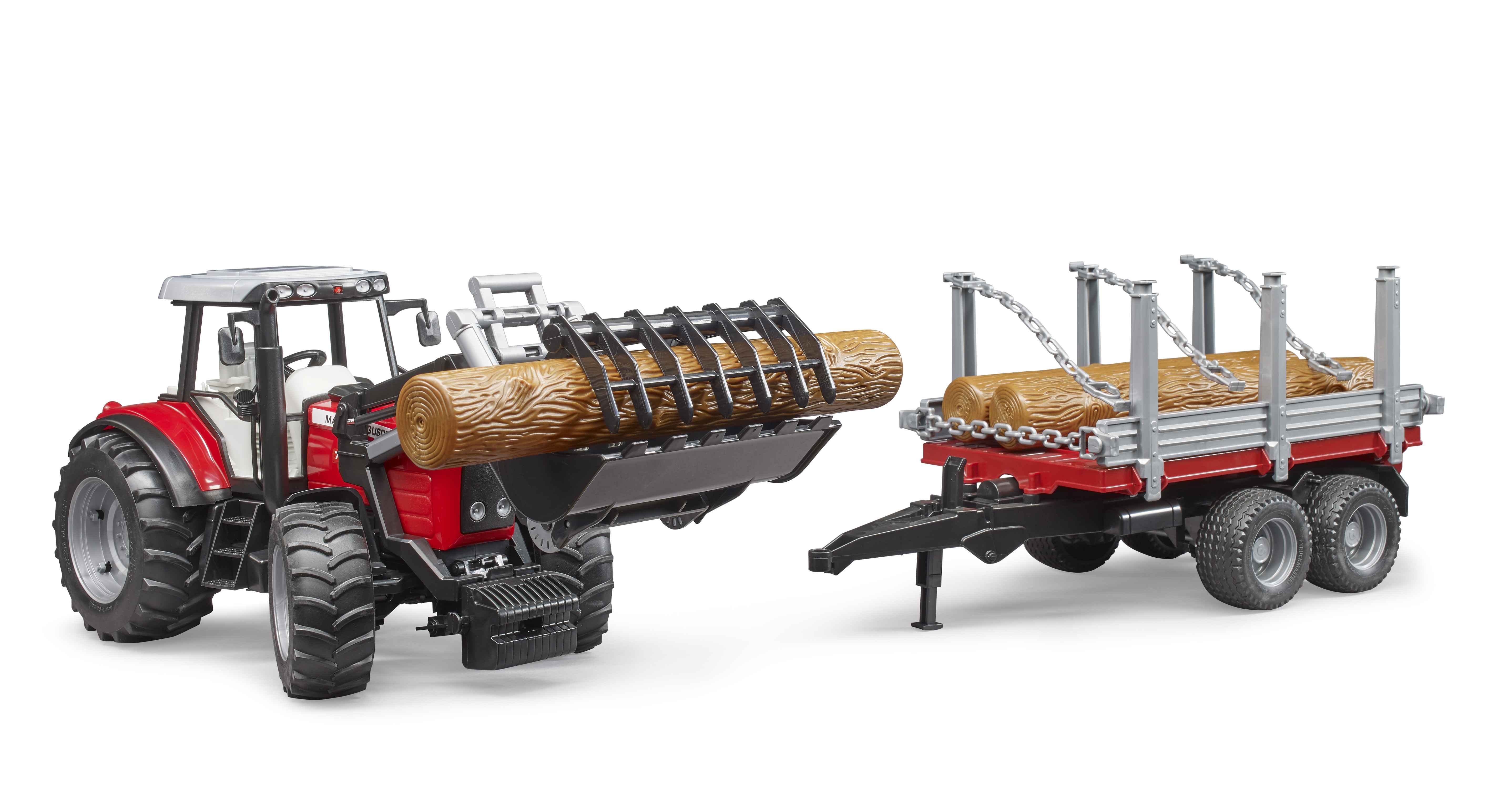 BRUDER 02046 - Massey Ferguson 7480 mit Frontlader, Holztransportanhänger und 3 Baumstämmen - Bild 6