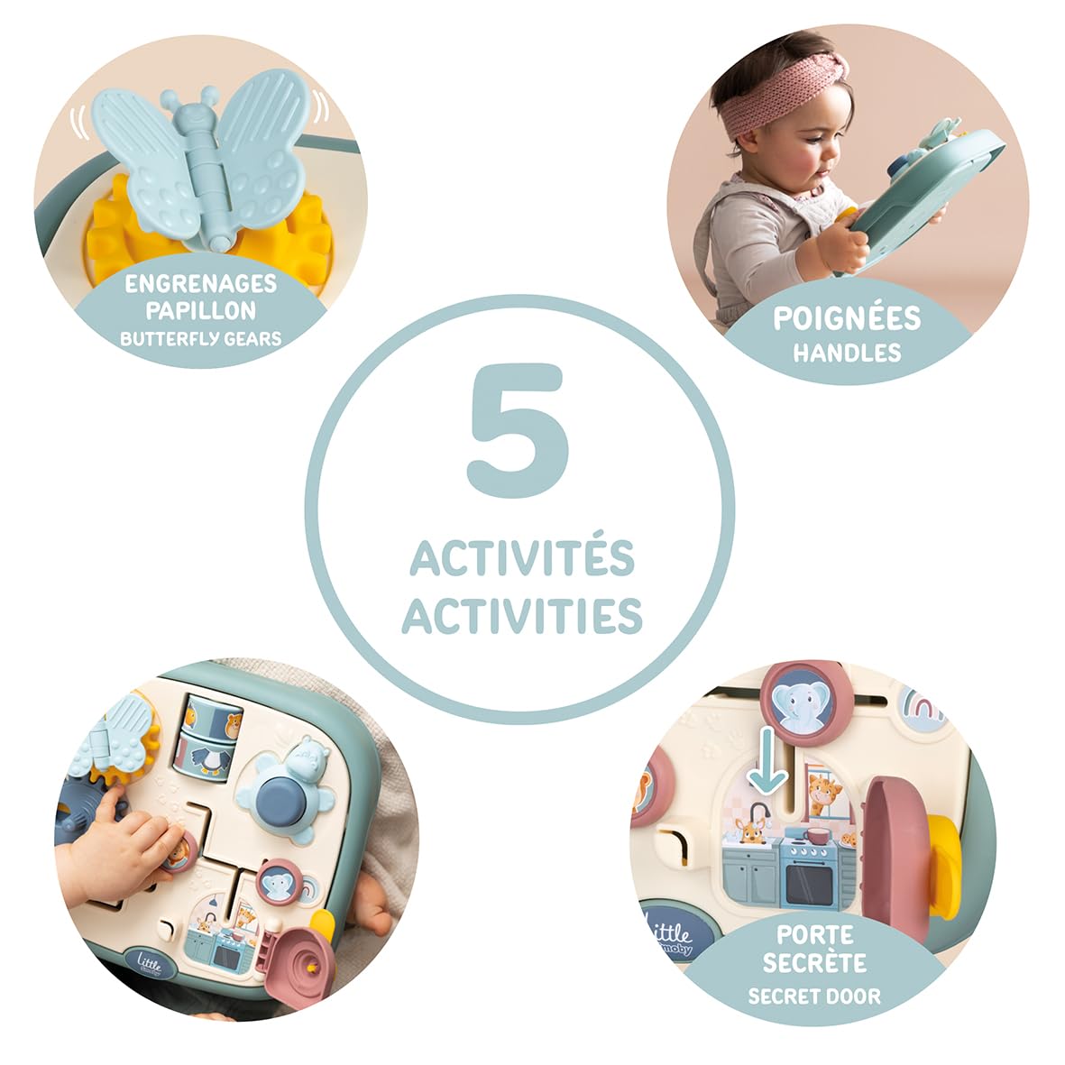Smoby Activity Tablet Little 5-Spielaktivitäten, ab 12 Monaten Interaktives Smoby Activity Tablet Little mit 5 Lernspielen Labyrinth, Schloss, Schmetterling, Tierrollen, Nilpferd, ab 12 Monaten, Kunststoff, Made in France, Bekleidung, Handschuh, Person, Werbung, Plakat