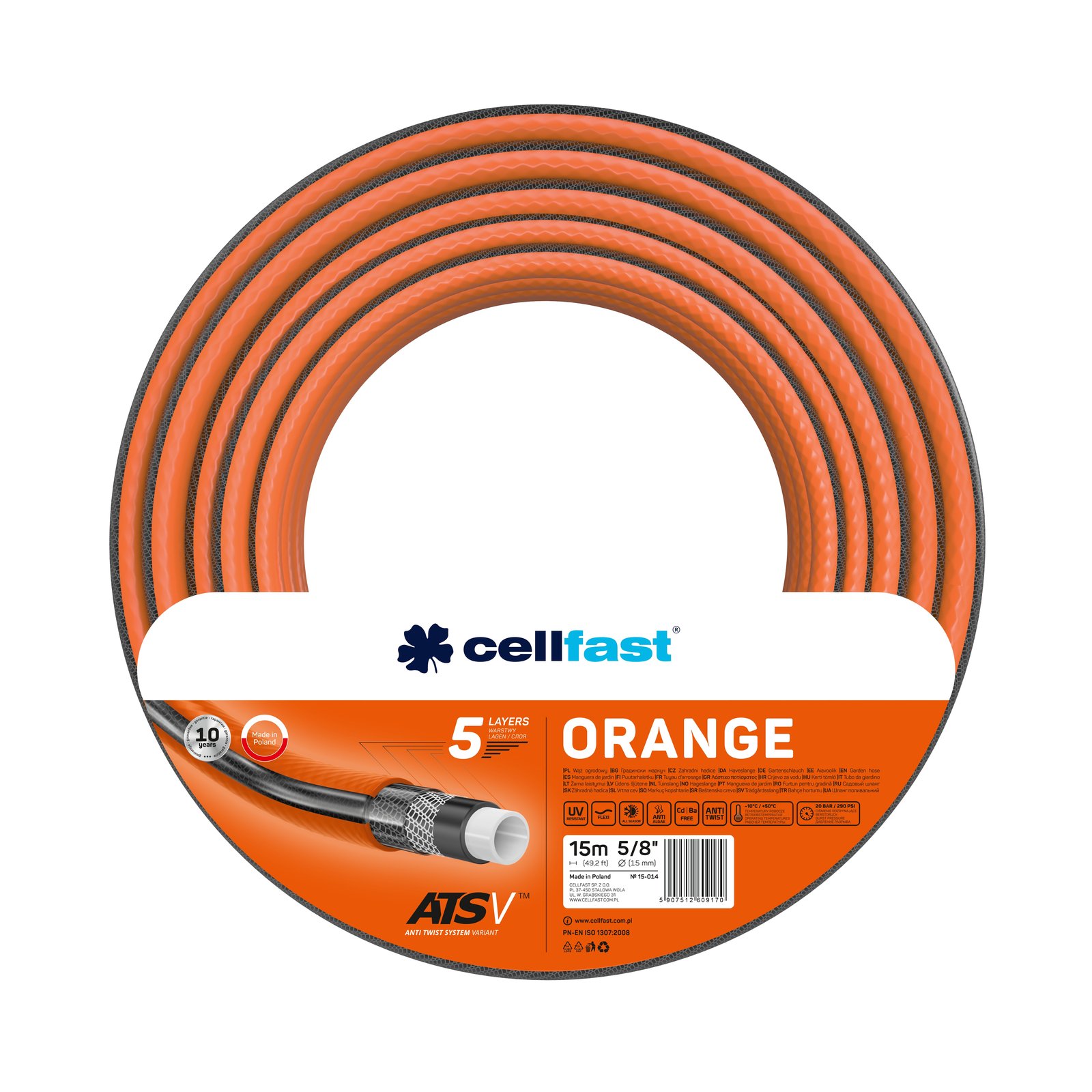 Cellfast 5-lagiger Gartenschlauch ORANGE 5/8" 15 m*