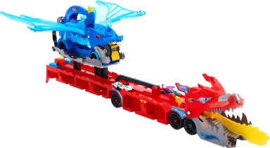 Hot Wheels City Hot Wheels ultimativer 2-in-1 Drachentransporter und 2 Spielzeugautos im Maßstab 1:64