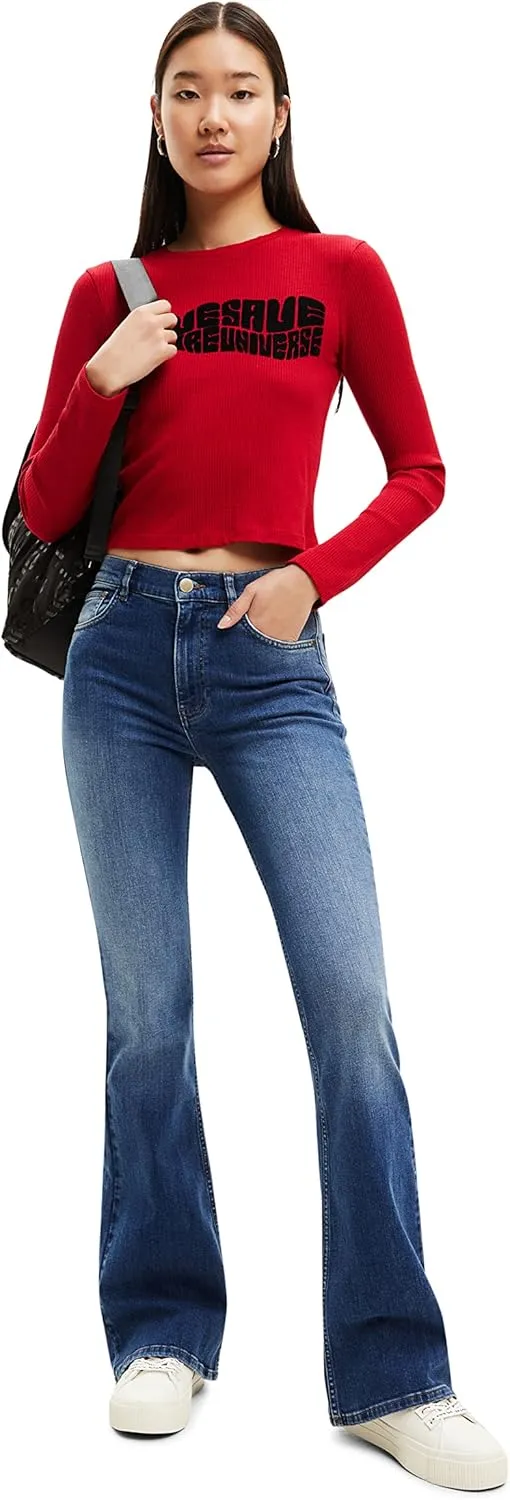 Desigual Damen Langarmshirt - Rotes Rippshirt mit Statement-Print 22WWTK933014 GR. XL Desigual Damen Langarmshirt - Rotes Rippshirt mit Statement-Print 22WWTK933014 GR. XL